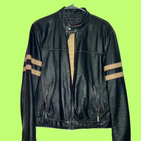 Vintage Black Leather Jacket w/ Tan Stripes 🖤🔥 - Picture 2 of 7